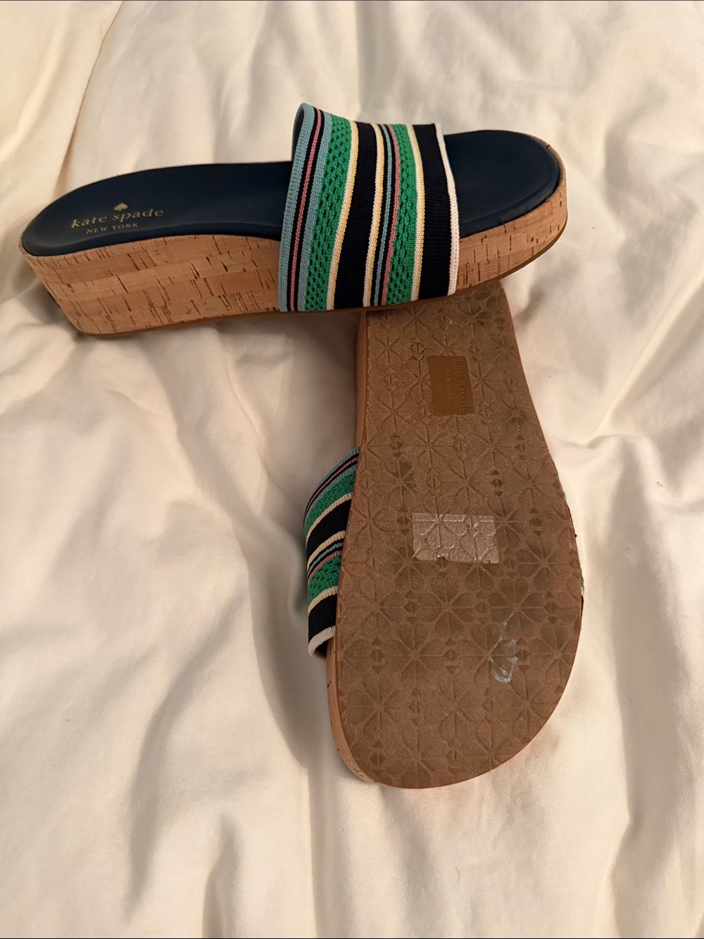 kate spade Navy and Green Striped Slide Sandals - Picture 2 of 2